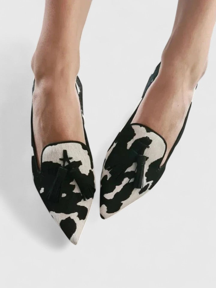 Calantha | Exquisite Black & Beige Cow-Print Sophisticated Loafers
