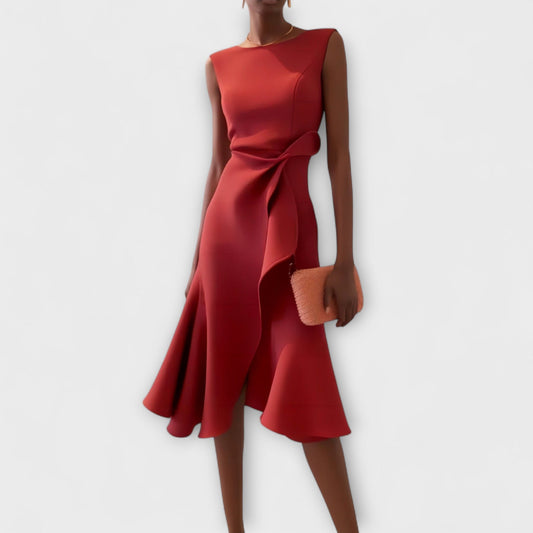 Alethea | Red Asymmetrical Sophisticated Midi Dress