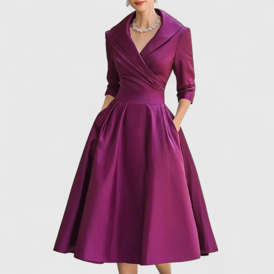 Alethea | Navy Elegant Midi Dress with Satin Finish