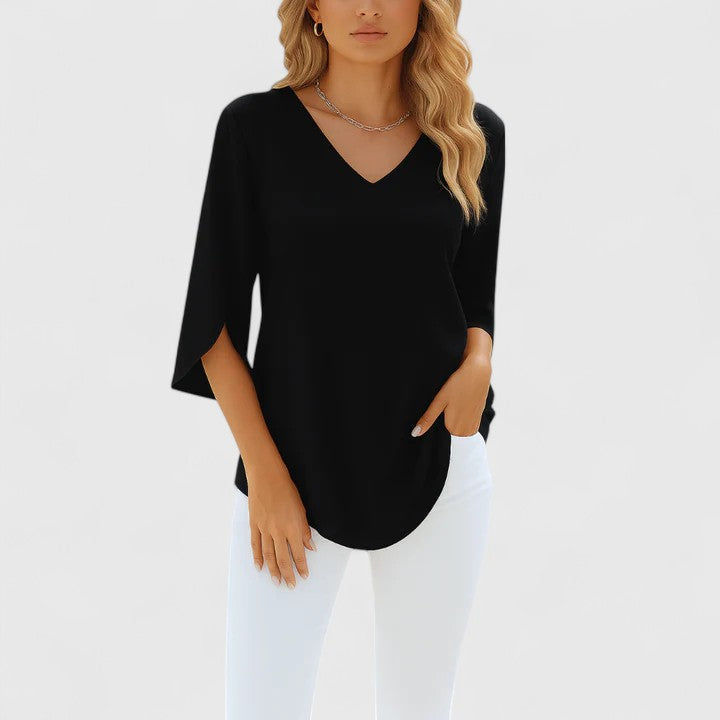Calista | Elegant Light Blue Sophisticated V-Neck Blouse