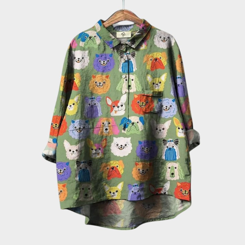 Calista | Lavender Dog Print Linen Blouse