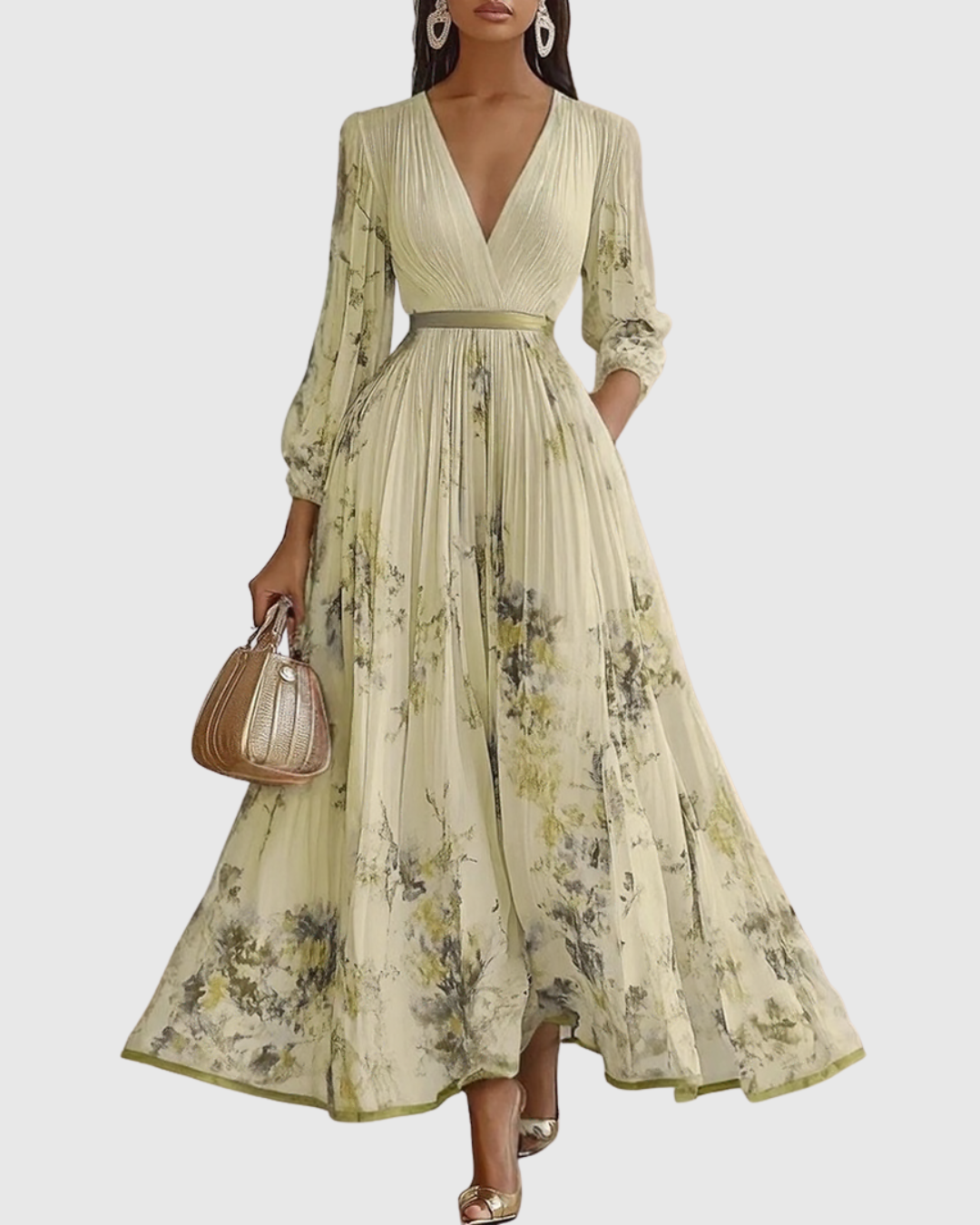 Calista | Elegant Pleated Maxi Dress in Floral White