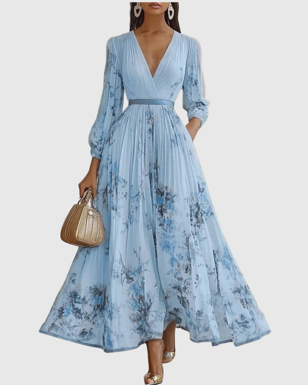 Calista | Elegant Pleated Maxi Dress in Floral White