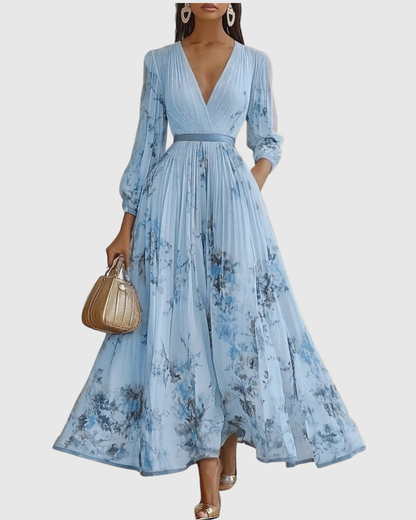 Calista | Elegant Pleated Maxi Dress in Floral White