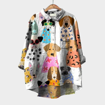 Calista | Lavender Dog Print Linen Blouse