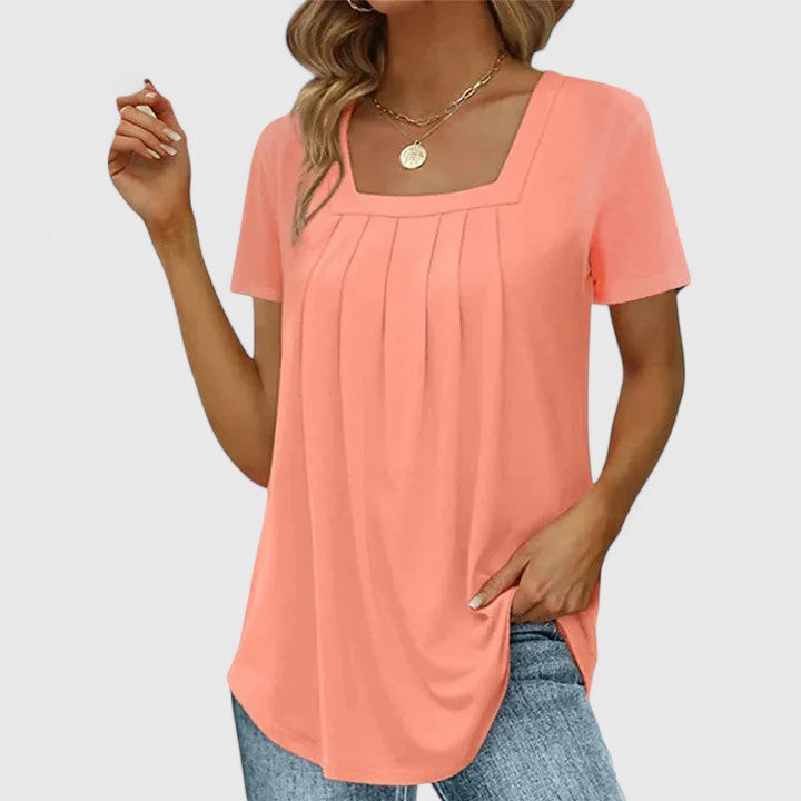 Calantha | Elegant Summer Blouse - Soft Gray Pleated Detail