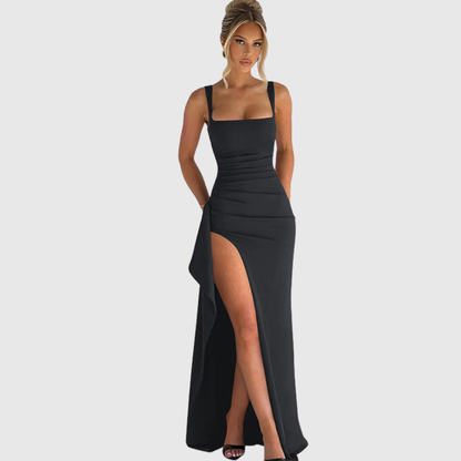 Aurora | Elegant Formal Slip Maxi Dress in Red With Open Back