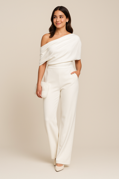 Astrid | Women’s Chic One-Shoulder Cream Spring Jumpsuit