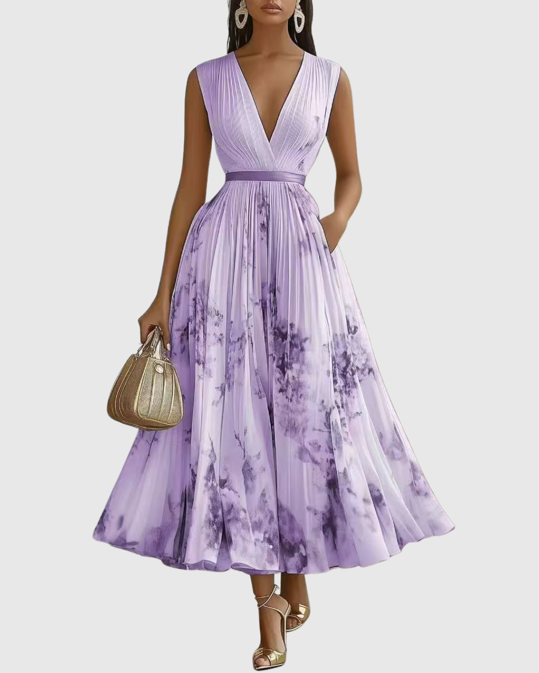 Calista | Elegant Pleated Maxi Dress in Floral White