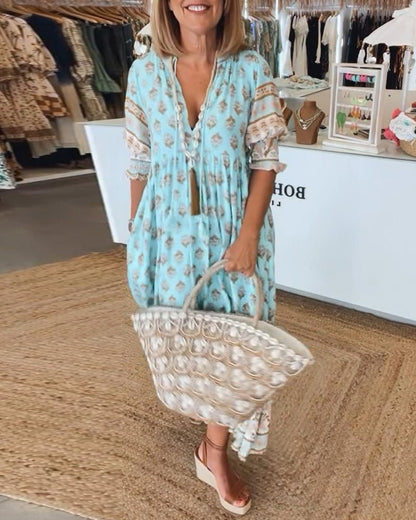 Adriana | Women's Boho Light Blue Printed Tassel Tie Midi Dress