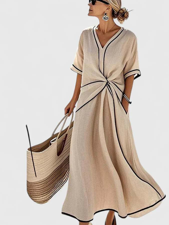 Astrid | Beige Elegant Dress with Black Trim