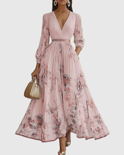 Calista | Elegant Pleated Maxi Dress in Floral White