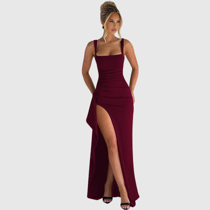 Aurora | Elegant Formal Slip Maxi Dress in Red With Open Back