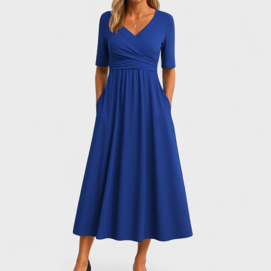 Astrid | Elegant Grey Midi Dress with V-Neck