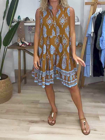 Astrid | Women's Boho Printed Sleeveless Mini Dress in Mustard Yellow