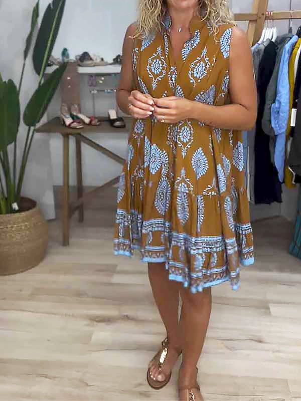 Astrid | Women's Boho Printed Sleeveless Mini Dress in Mustard Yellow