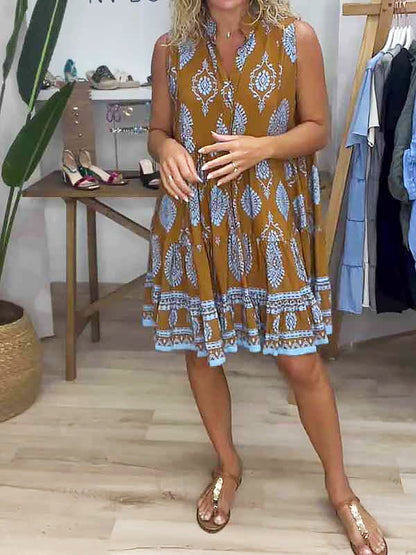 Astrid | Women's Boho Printed Sleeveless Mini Dress in Mustard Yellow
