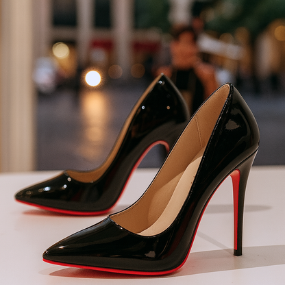 Calanthe | Sleek Black High Heeled Pumps with Red Sole