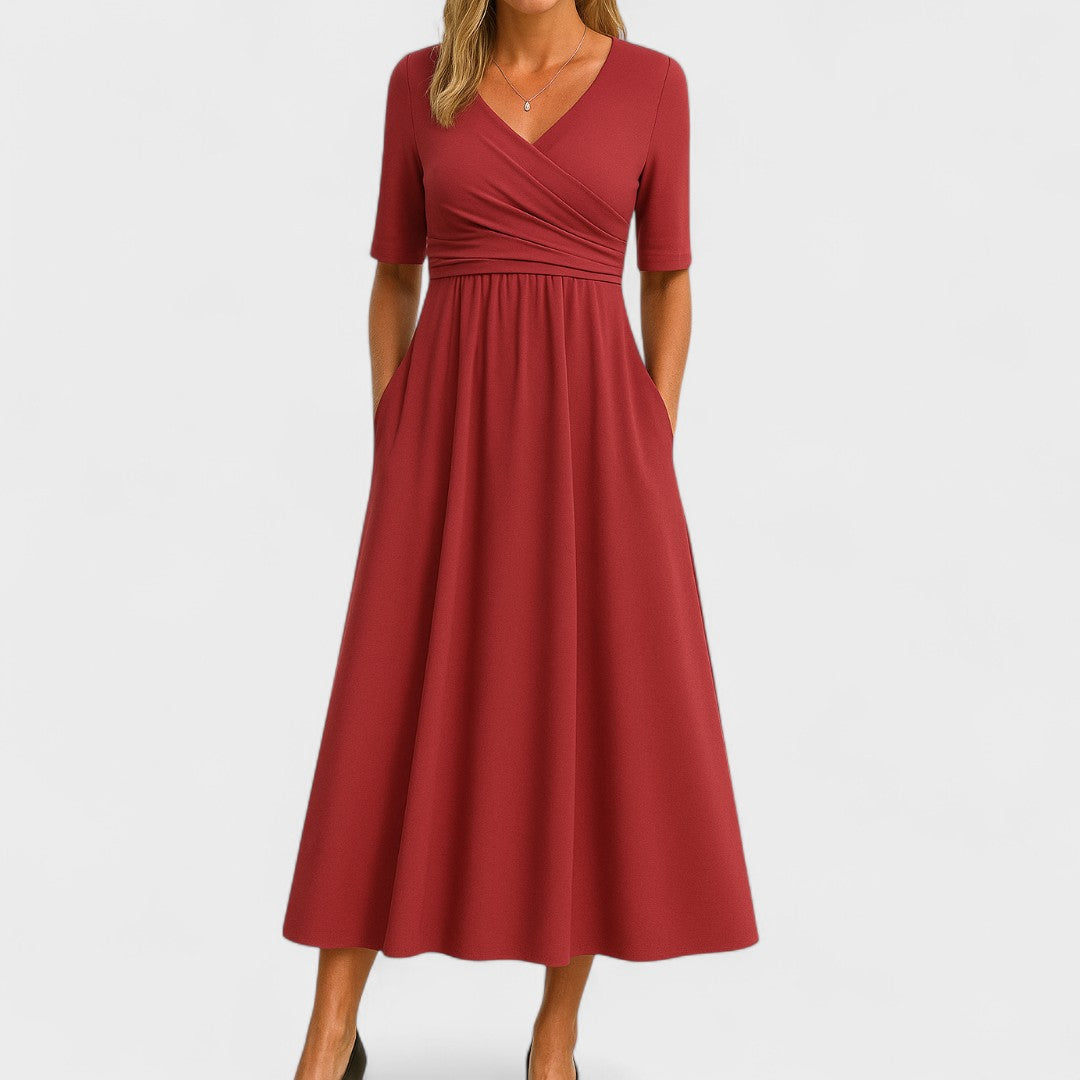 Astrid | Elegant Grey Midi Dress with V-Neck