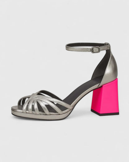 Calantha | Metallic Strappy Sophisticated Sandals with Pink Heel