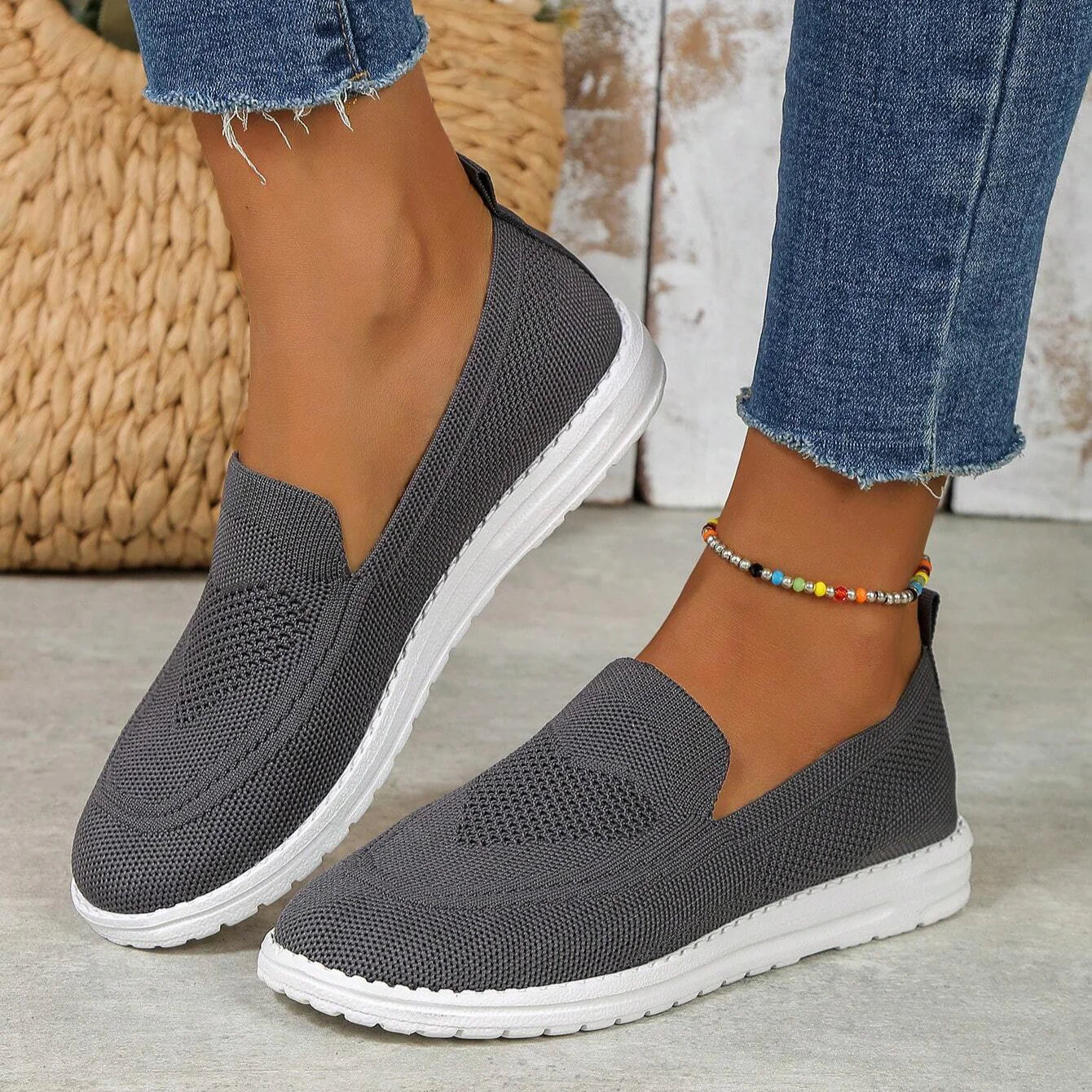 Calista | Women's Slip On Casual Walking Sneakers - Beige Knit