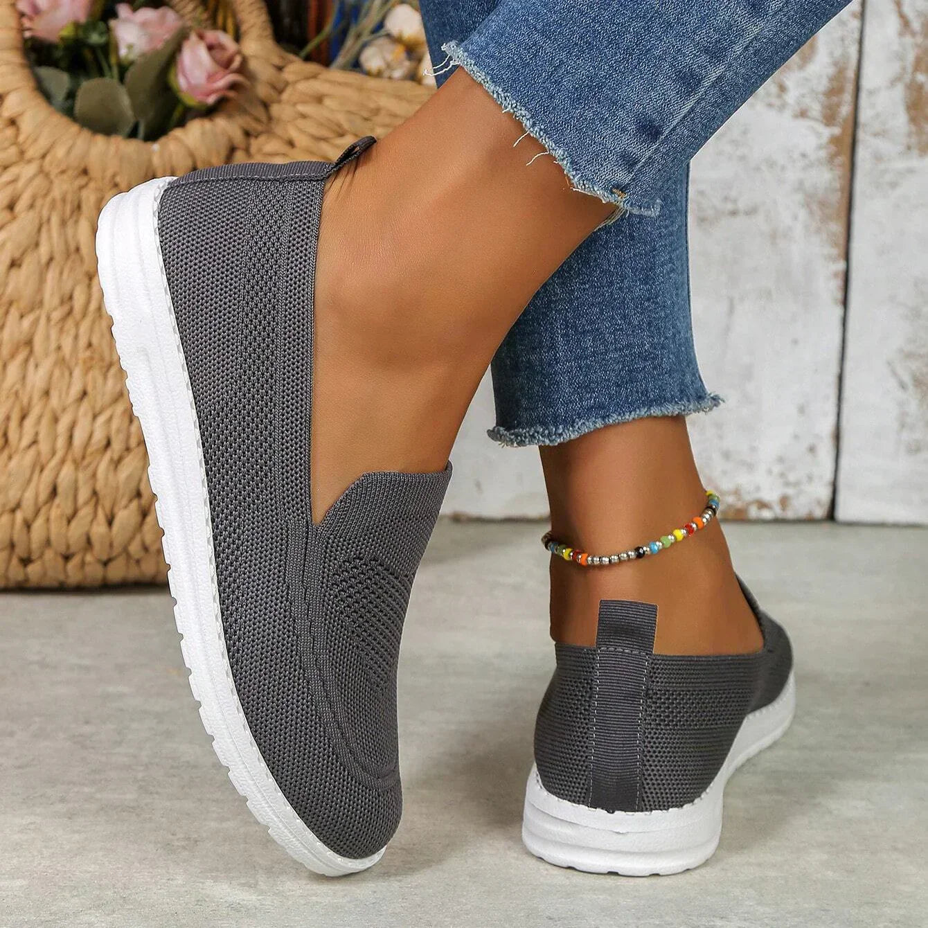 Calista | Women's Slip On Casual Walking Sneakers - Beige Knit
