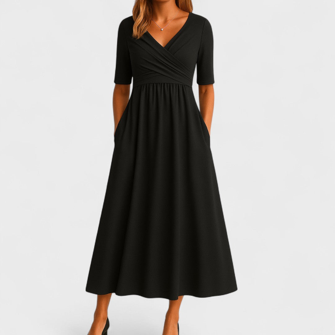 Astrid | Elegant Grey Midi Dress with V-Neck