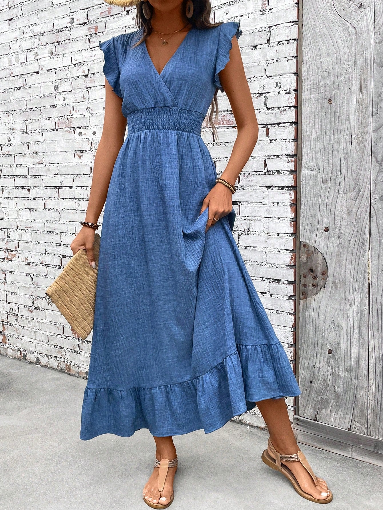 Astrid | Women’s Boho Smocked Waist Maxi Dress in Blue Linen
