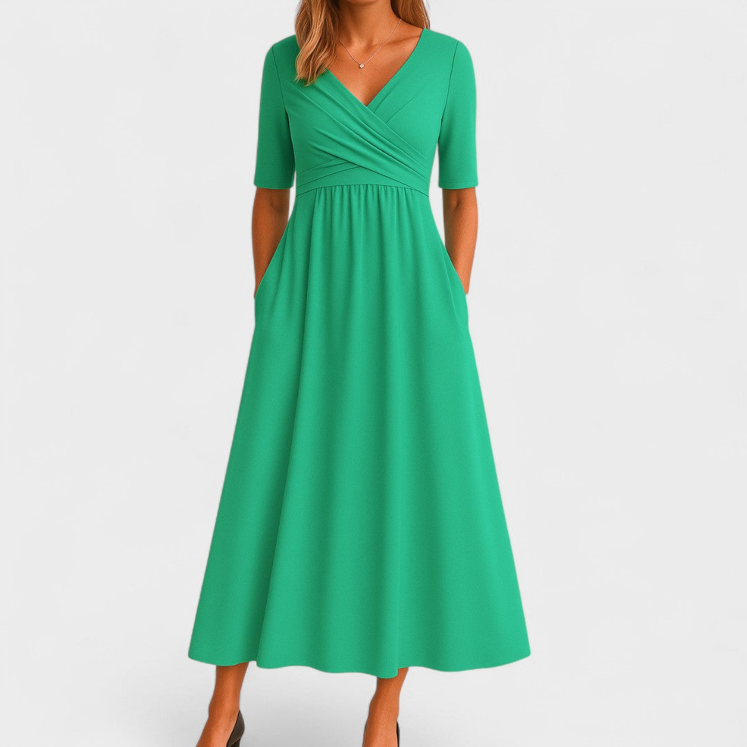 Astrid | Elegant Grey Midi Dress with V-Neck