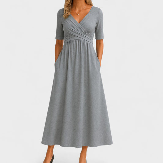 Astrid | Elegant Grey Midi Dress with V-Neck