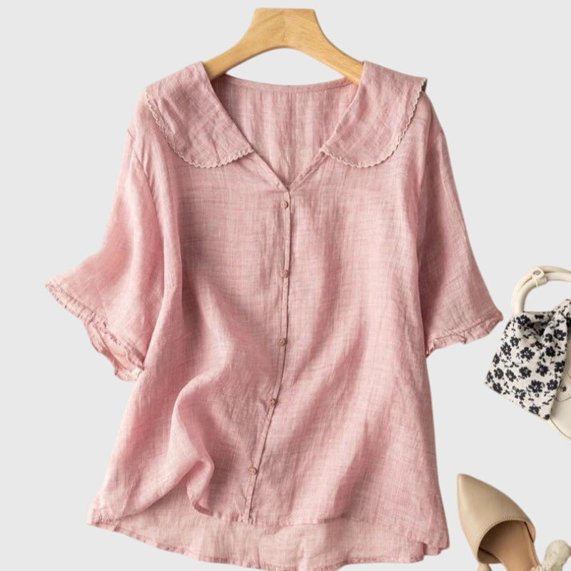 Alethea | Sophisticated Sage Green Linen Blouse with Peter Pan Collar