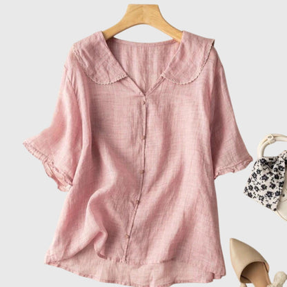 Alethea | Sophisticated Sage Green Linen Blouse with Peter Pan Collar
