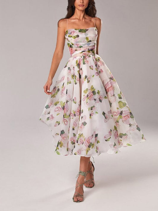 Alethea | Women's Elegant Floral Spaghetti Strap A-Line Midi Dress