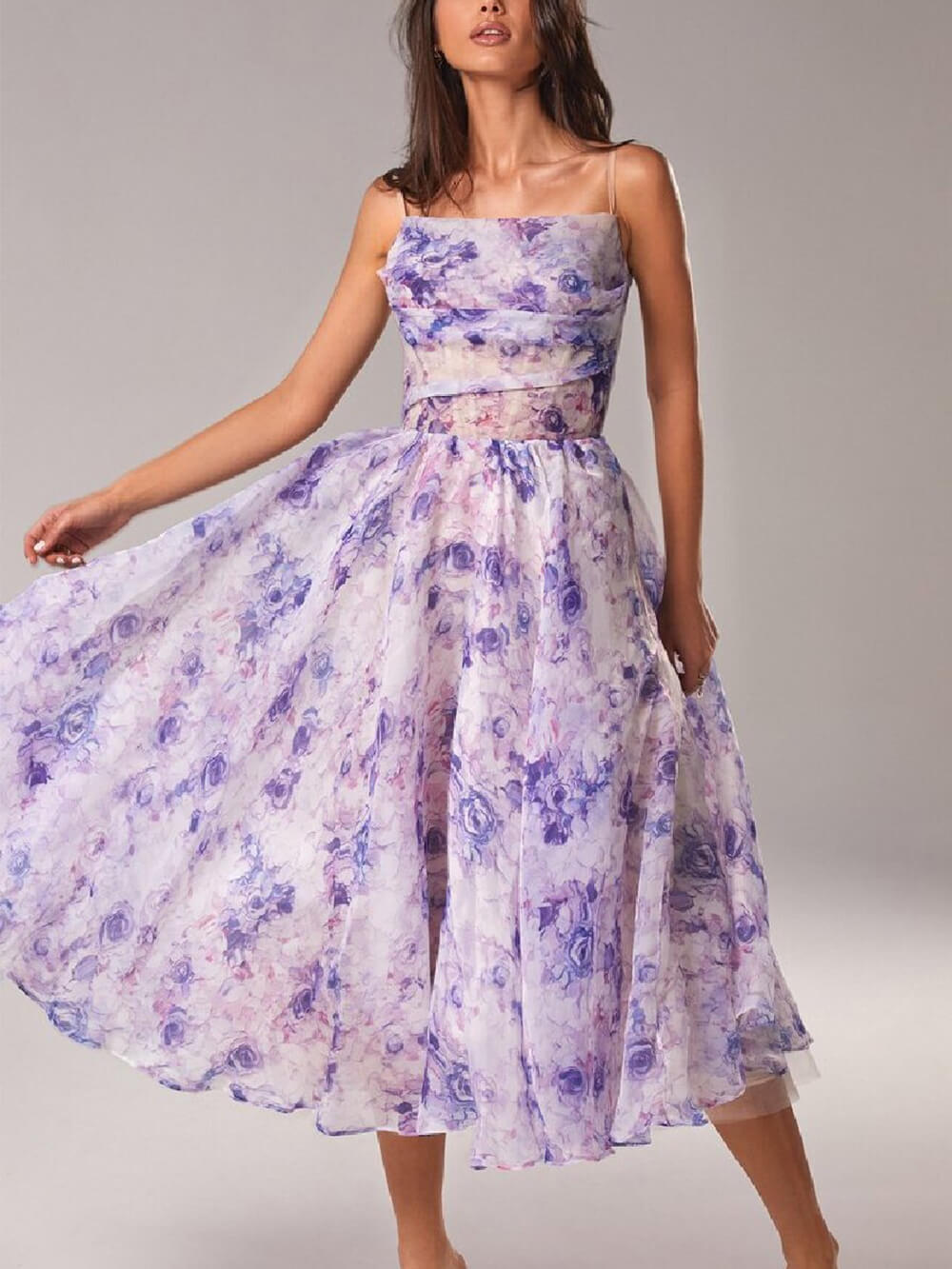 Alethea | Women's Elegant Floral Spaghetti Strap A-Line Midi Dress