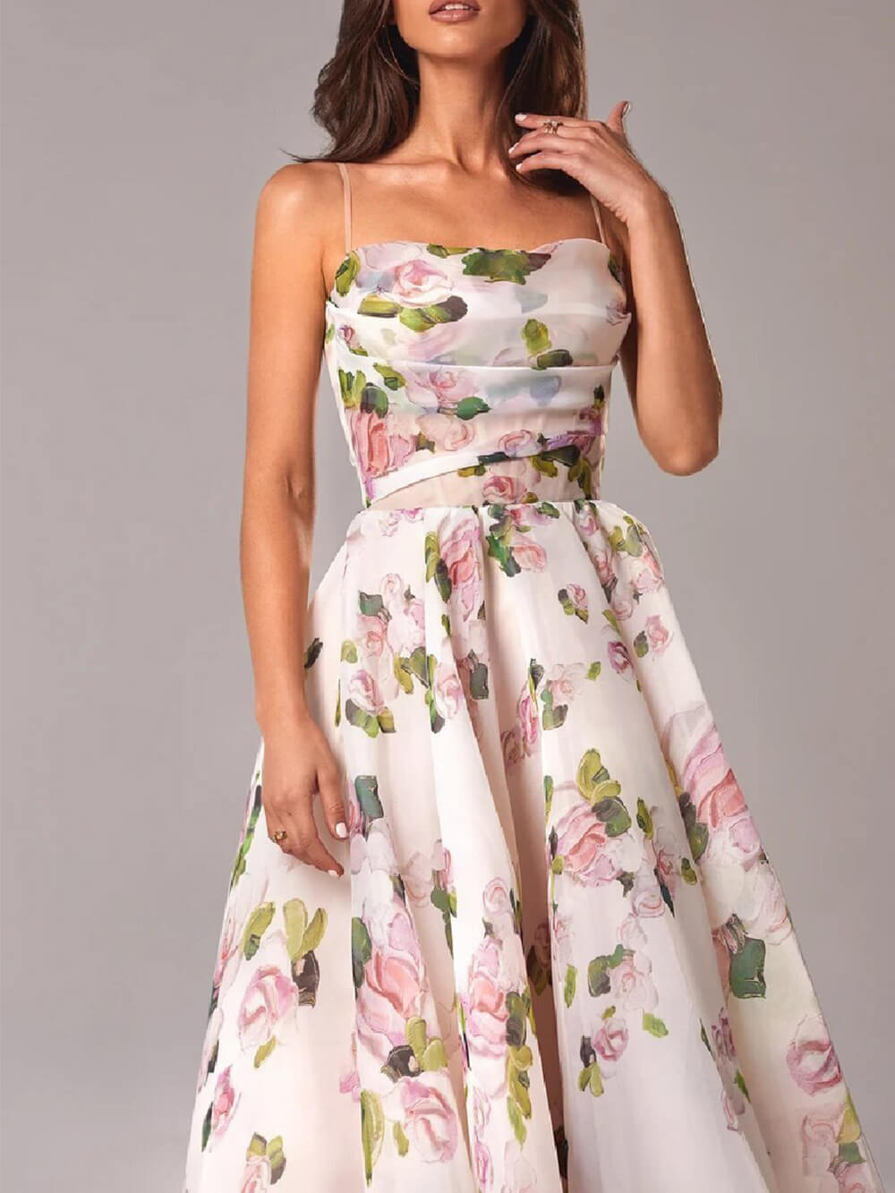 Alethea | Women's Elegant Floral Spaghetti Strap A-Line Midi Dress