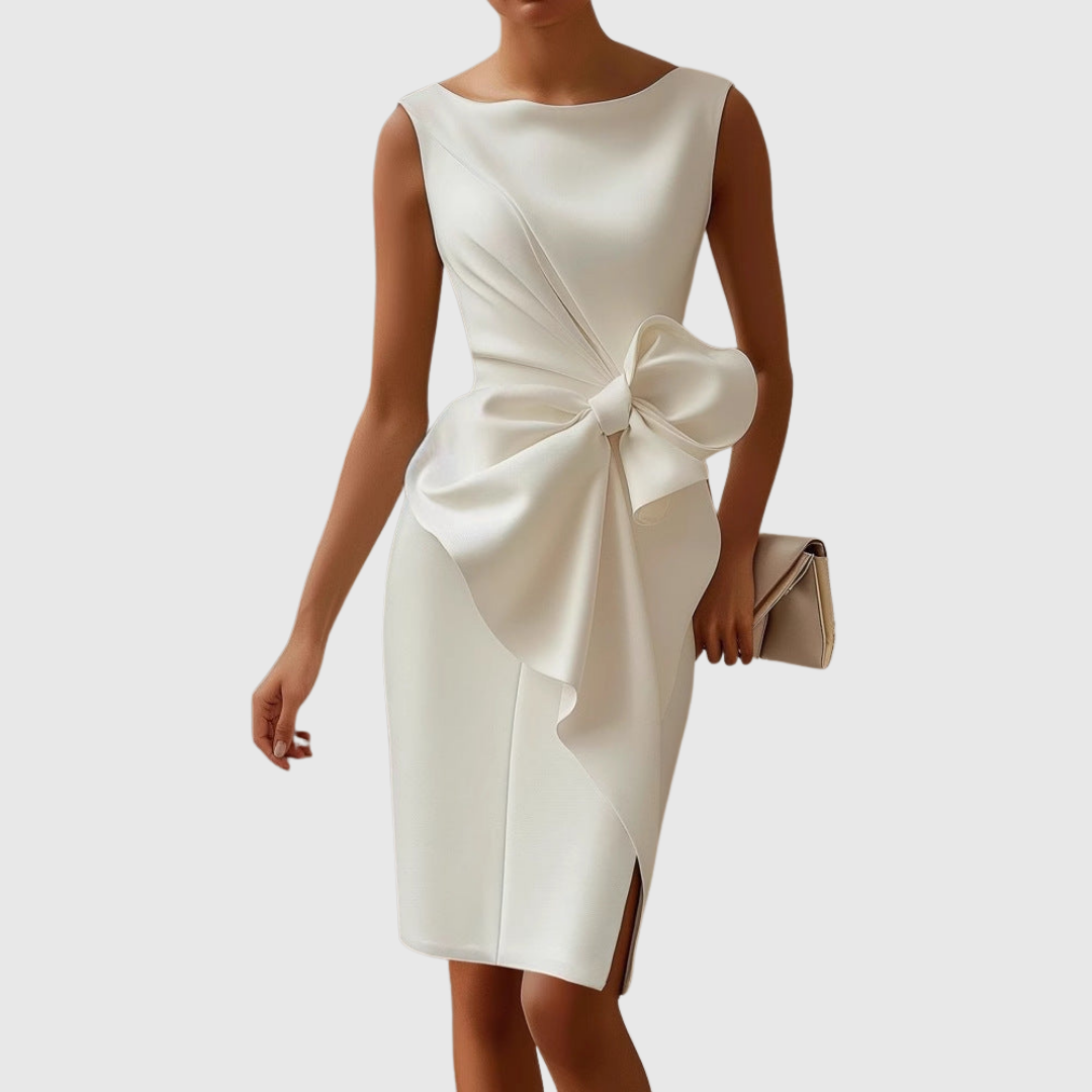 Calista | Elegant Black Sleeveless Midi Dress with Bow Detail