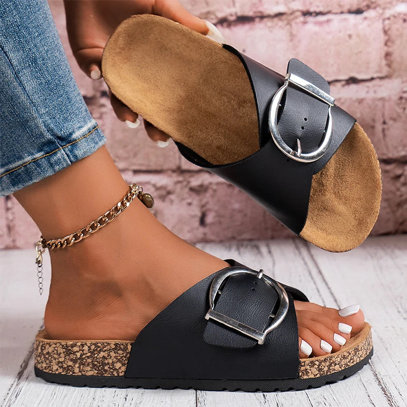 Calista | Black Buckle Mule Slide