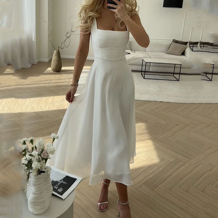 Alethea | Women Wedding Guest Elegant White Square Midi Dress