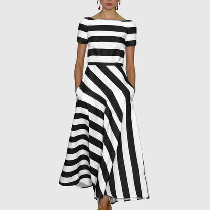 Calista | Elegant Red Light & Fluid Stripe Dress