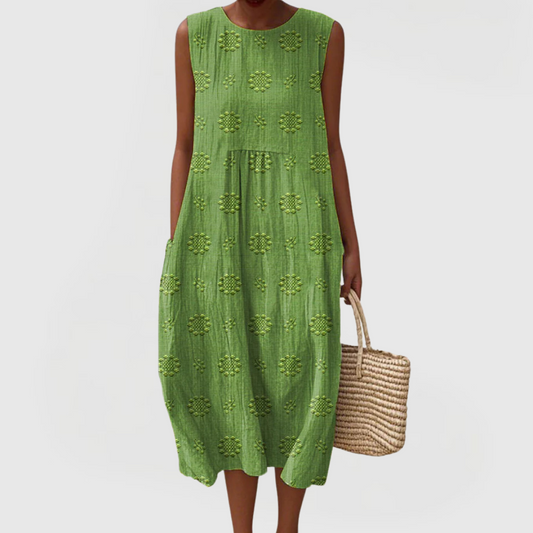 Elegant Green Linen Dress With Pockets