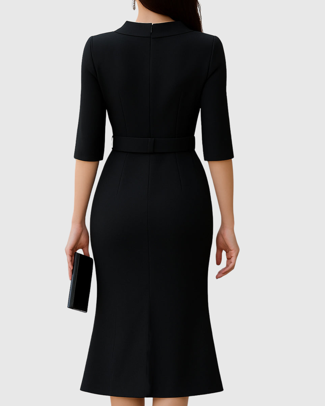 Calantha | Elegant Classic Black Midi Dress with Asymmetrical Hem