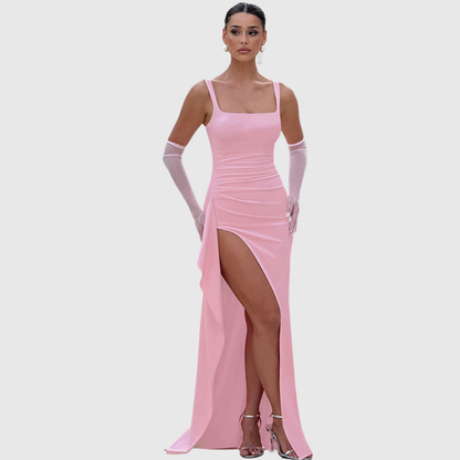 Aurora | Elegant Formal Slip Maxi Dress in Red With Open Back
