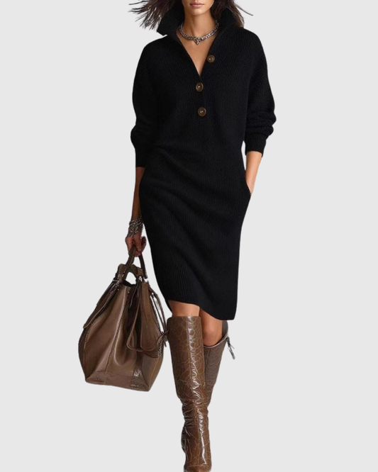 Calantha | Black Pure Wool Winter Knit Midi Dress