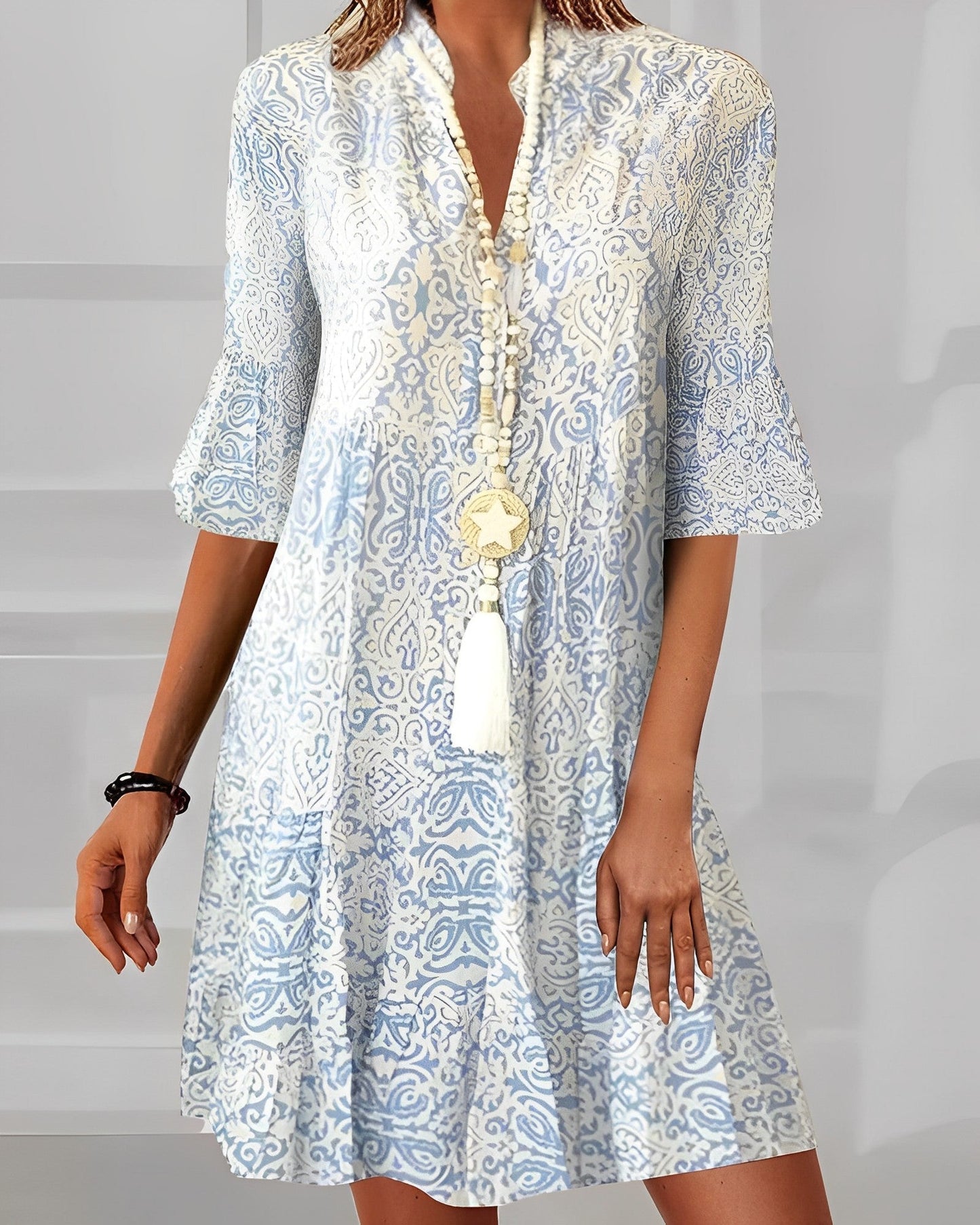 Calista | Women's Boho Light Blue Patterned V Neck Flare Sleeve Mini Dress
