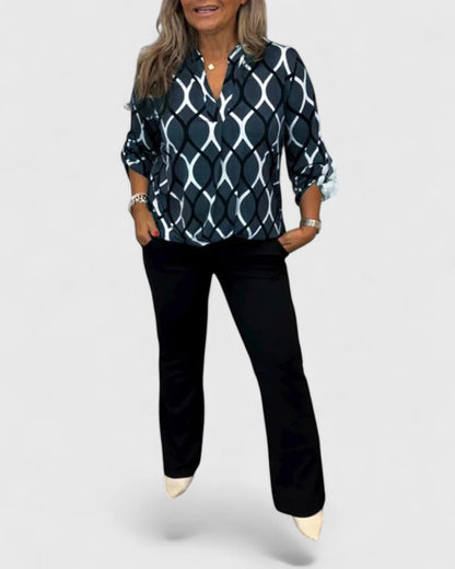 Astrid | Navy Patterned Elegant Blouse