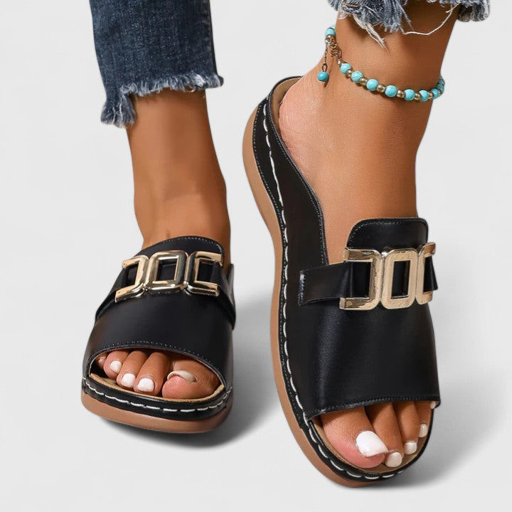 Calista | Black Leather Sophisticated Sandals