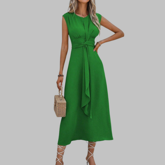 Alethea | Women’s Sleeveless Belted A Line Midi Dress in Emerald Green