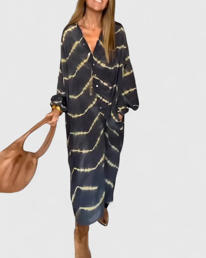 Astrid | Elegant Boho Black & Gold Striped Maxi Dress