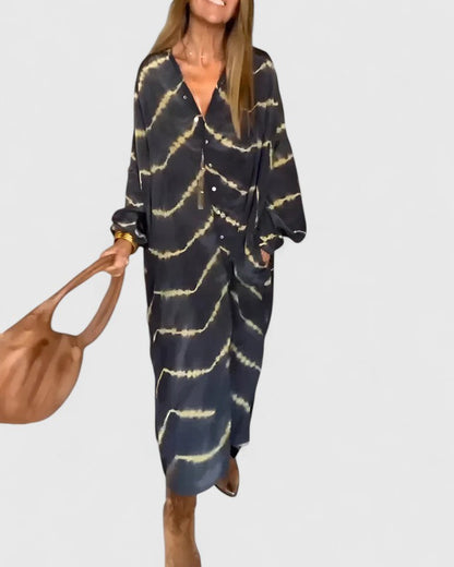 Astrid | Elegant Boho Black Gold Striped Maxi Dress