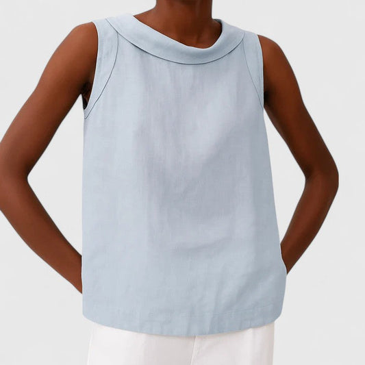 Calista | Elegant Top With Roll Collar - Light Blue Sleeveless